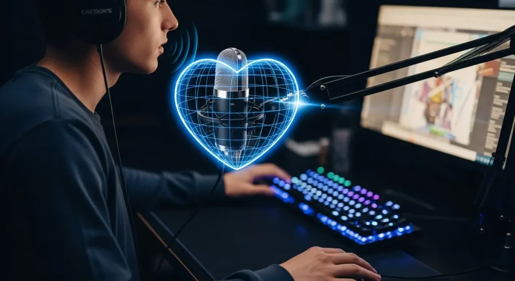 An illustration of a cardioid polar pattern on a gaming microphone, showing how it captures the user's voice from the front while rejecting keyboard noise from the back.
