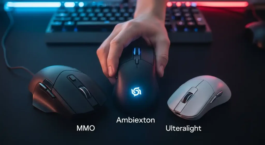 A gamer's hand thoughtfully choosing between three different types of gaming mice, representing different shapes and sizes for various playstyles.	