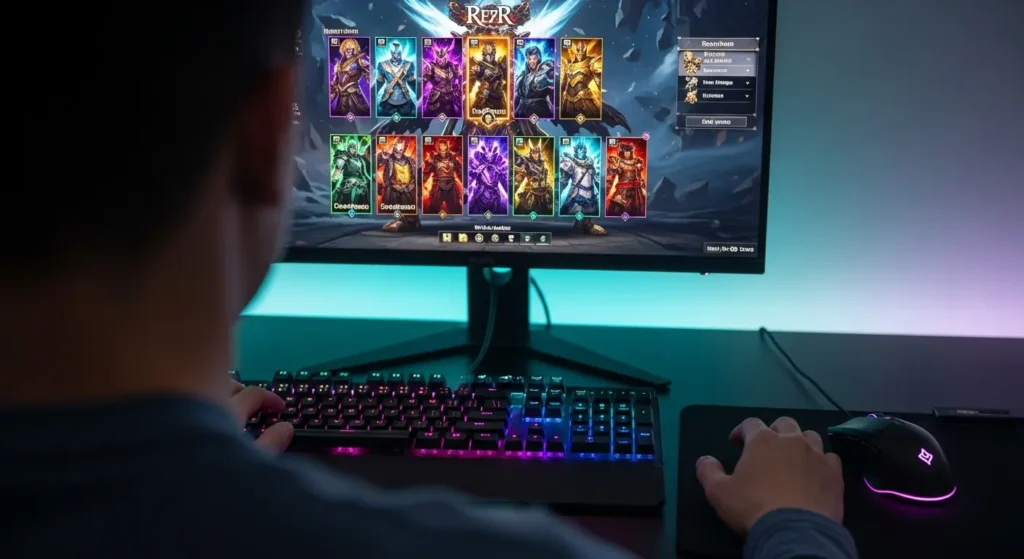 A gamer's hands are positioned over a TKL gaming keyboard, with a mouse nearby, ready for action. The background shows a vibrant gaming setup