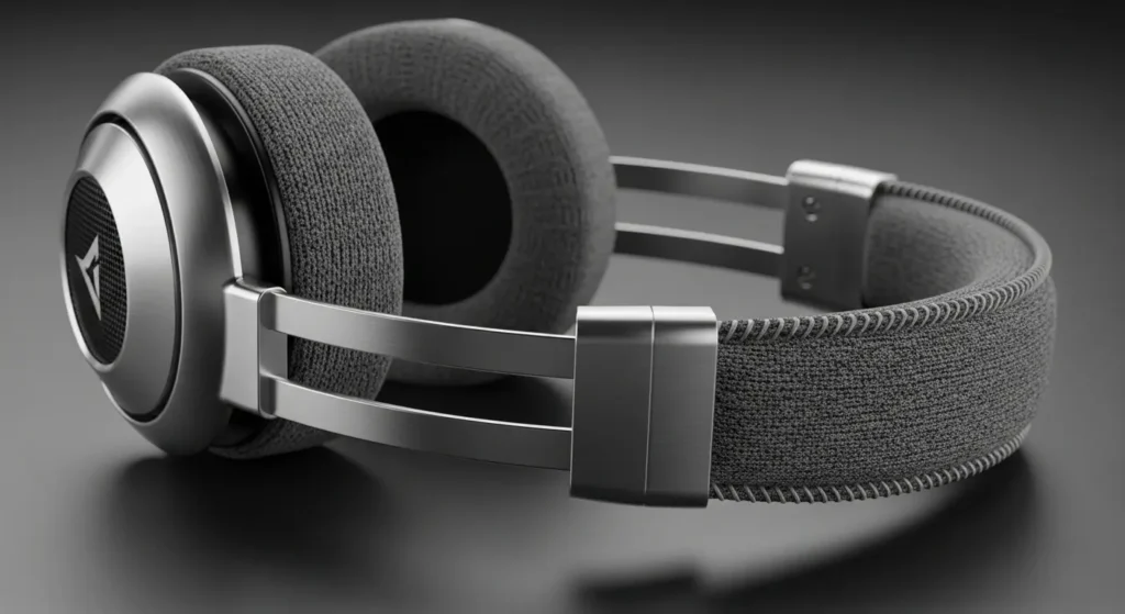 A detailed shot of a gaming headset's plush memory foam earcup and durable steel headband, highlighting comfort and build quality.	