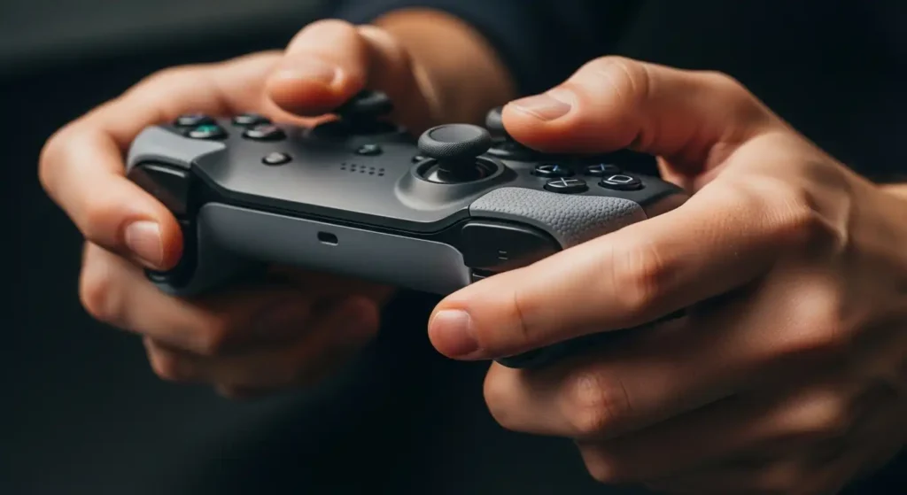 A close-up shot of a gamer's hands comfortably holding an ergonomic gaming controller with an asymmetric thumbstick layout.