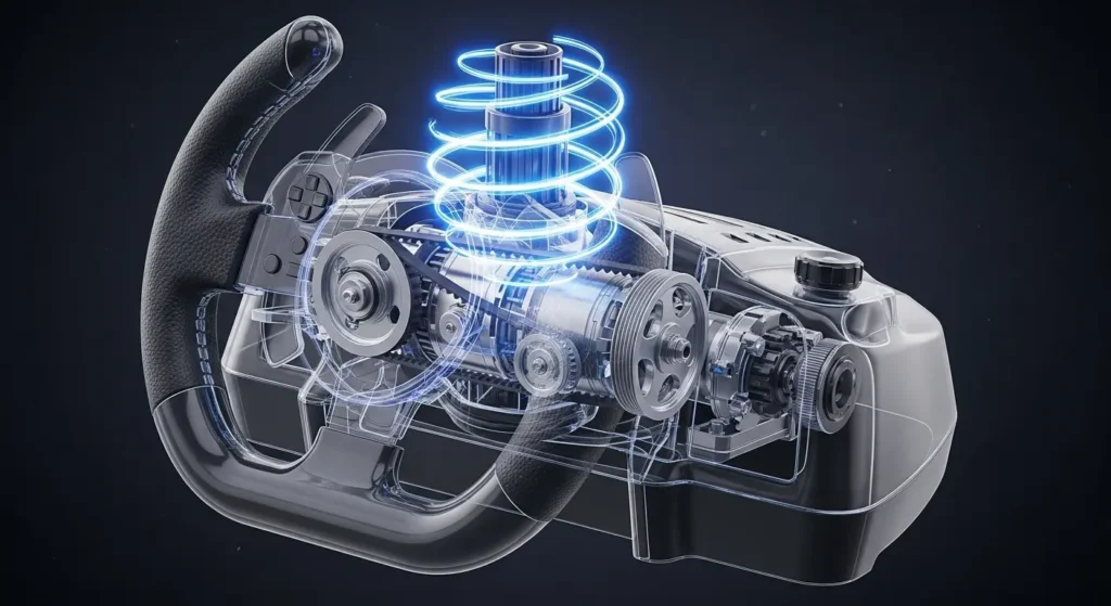 An illustrated cutaway of a racing wheel base showing the internal force feedback motor, with glowing lines representing the forces being sent to the wheel.
