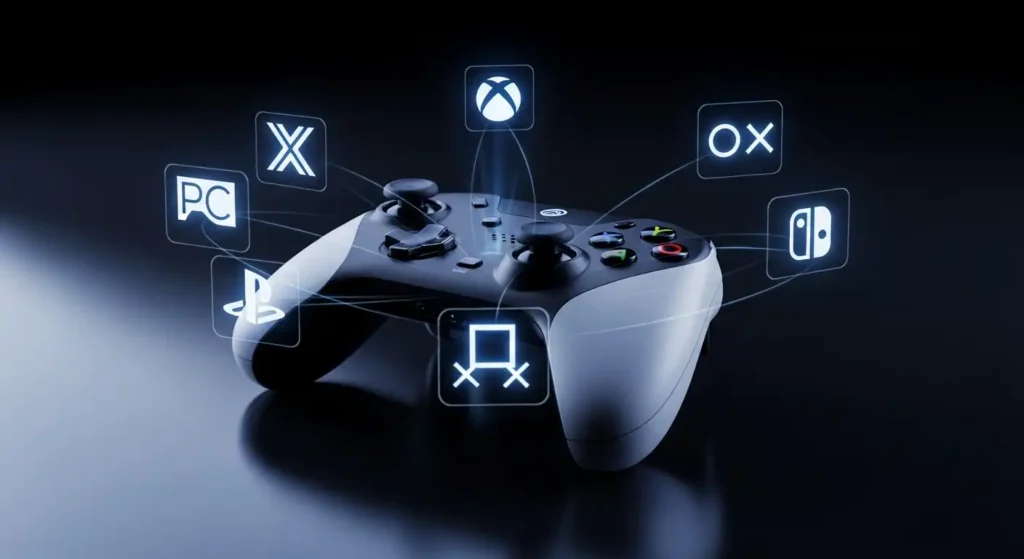 A collection of modern gaming controllers arranged around icons for PC, Xbox, PlayStation, and Nintendo Switch, showing platform compatibility.