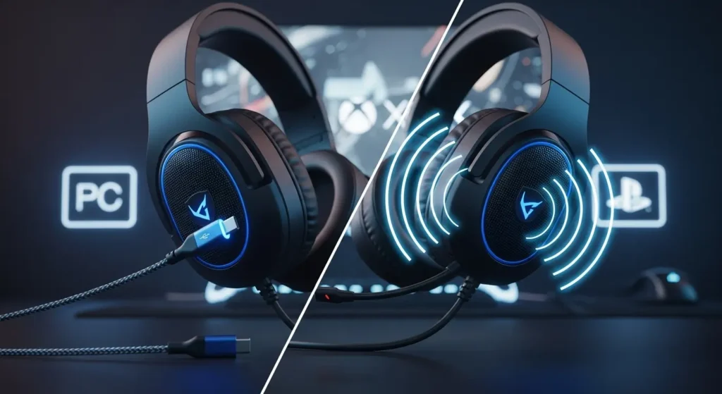 A split image showing a gaming headset connecting via a wired USB cable and wirelessly, with platform icons in the background.	