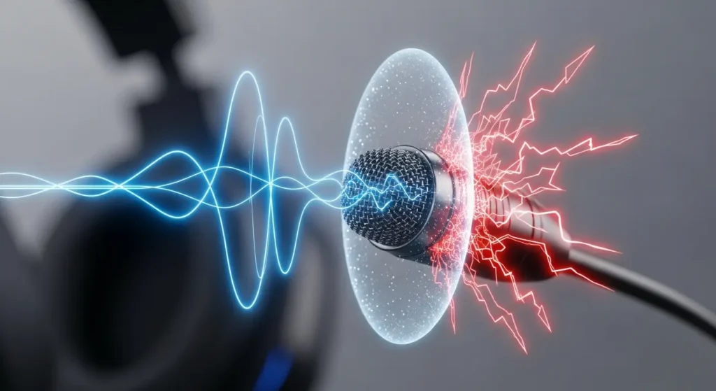 A close-up of a gaming headset's noise-cancelling microphone capturing clear voice audio while rejecting background noise.	