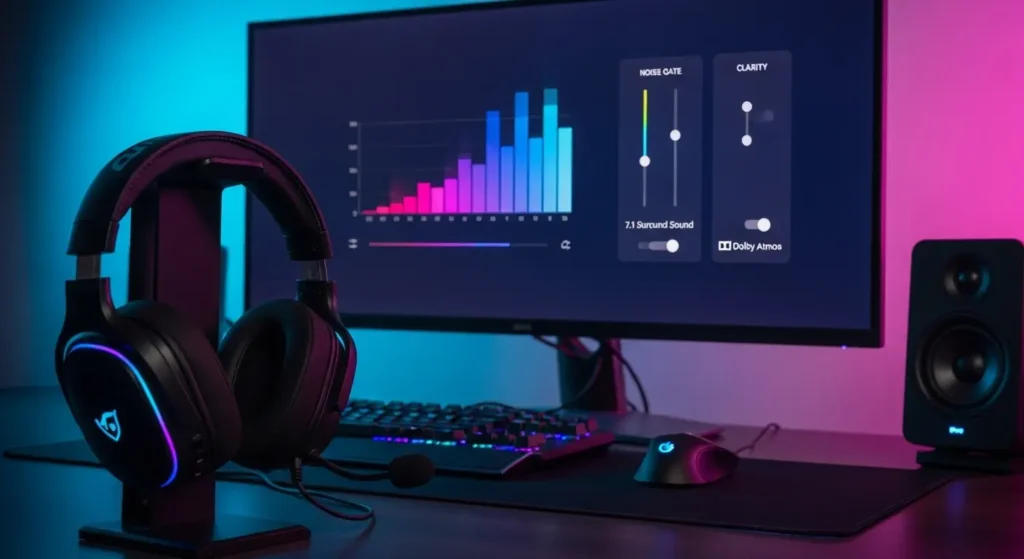 A gaming headset next to a monitor displaying its software interface with a customizable equalizer graph and microphone settings.	