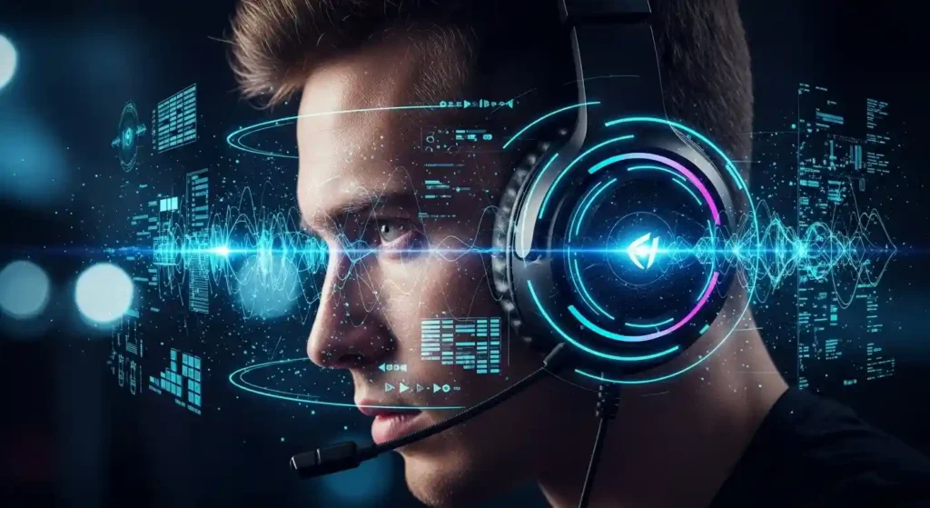A gamer wearing a headset with holographic sound waves visualizing the 3D audio soundstage for competitive play.	