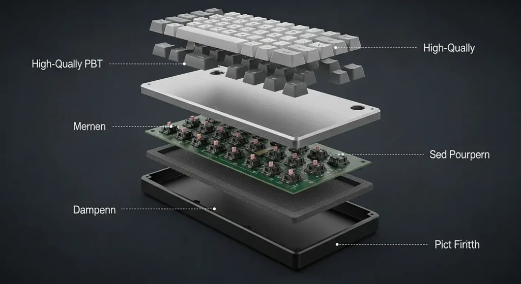 An exploded-view diagram of a premium gaming keyboard showing its build quality layers, including an aluminum frame, PCB, sound-dampening foam, and PBT keycaps.