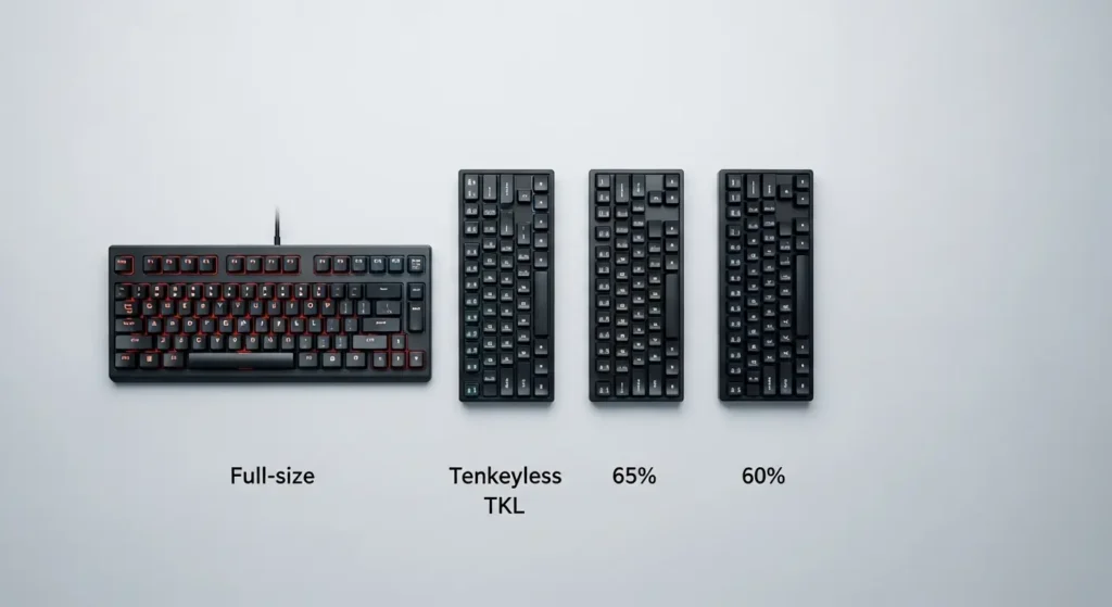 A top-down comparison of four gaming keyboard sizes: Full-size (100%), Tenkeyless (TKL), 65 percent, and 60 percent, showing the difference in physical footprint.