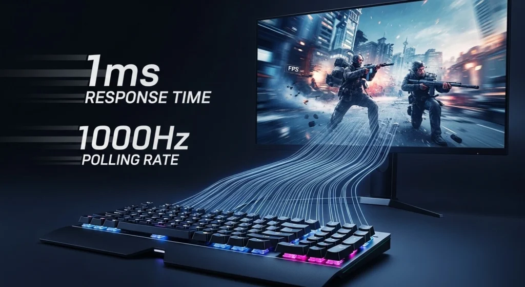 An infographic illustrating the fast response time and polling rate of a gaming keyboard, showing its connection to a PC for competitive gaming.