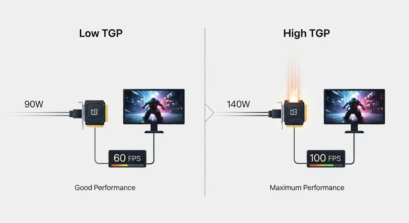 gaming-laptop-gpu-tgp-explained-diagram A diagram explaining Total Graphics Power (TGP), showing how a 140W GPU provides more performance than a 90W GPU.