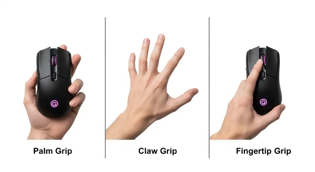 A comparison image showing three different hand grips on a gaming mouse: a relaxed palm grip, an arched claw grip, and a fingertip grip.	