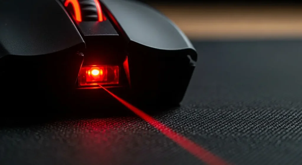 A close-up of a gaming mouse's optical sensor casting a red light onto a textured mousepad surface.	