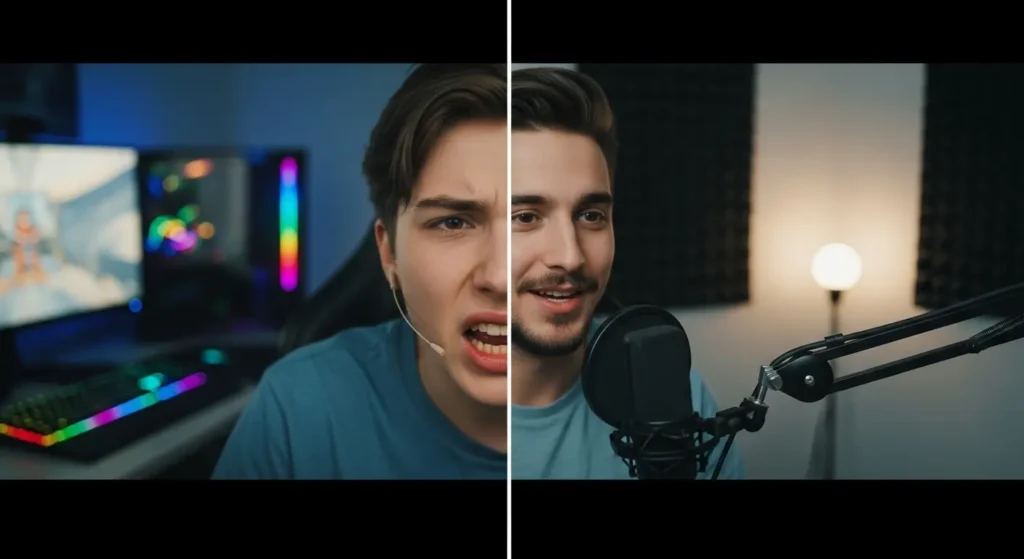 A split image comparing a flimsy headset microphone to a large, professional studio microphone for gaming and streaming.