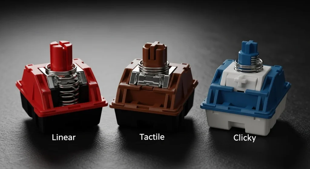 A close-up comparison of a red linear, brown tactile, and blue clicky mechanical keyboard switch, showing their different stem designs