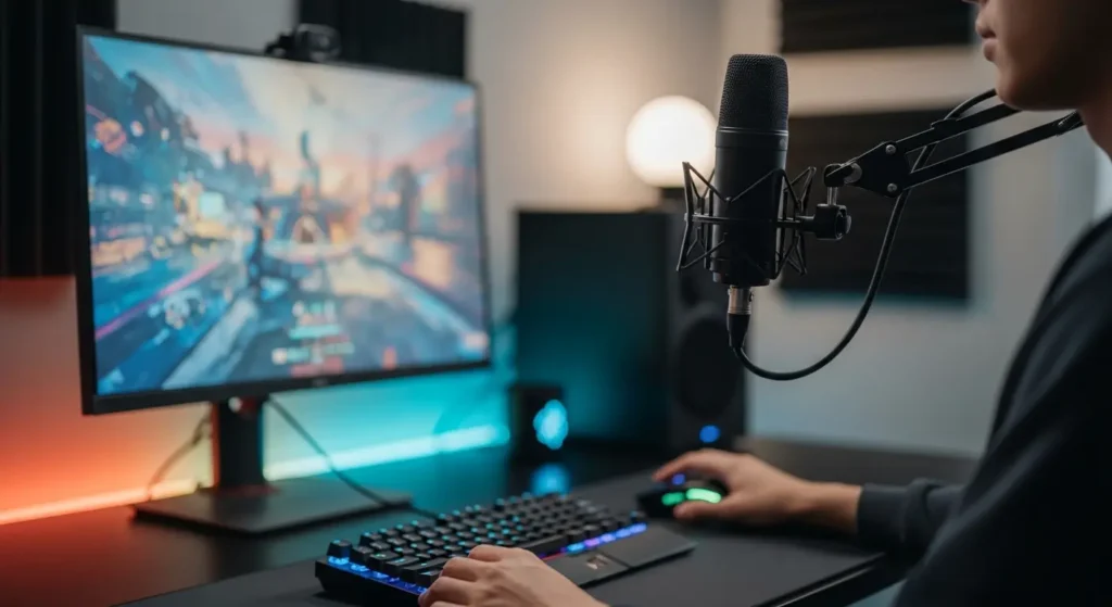 A gamer using a microphone properly positioned close to their mouth with a boom arm, showcasing an ideal setup for clear audio.
