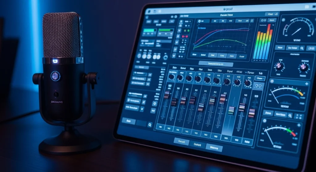 A microphone on a desk next to a monitor displaying its virtual mixer software, illustrating the integration of hardware and software controls.