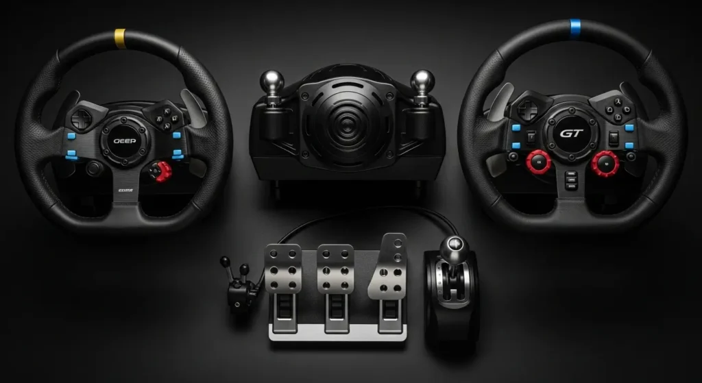 A top-down layout of modular sim racing components, including a wheel base, two interchangeable wheel rims, a load cell pedal set, and a shifter.