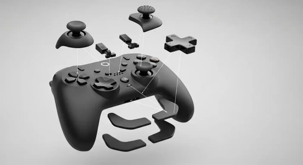 An exploded view of a pro gaming controller showing its internal components, including back paddles, trigger stops, and swappable thumbsticks.