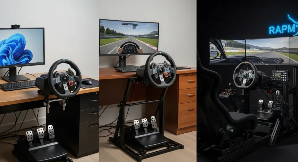 A three-panel image showing the progression of racing wheel mounting options, from a basic desk clamp to a foldable wheel stand, to a full sim racing cockpit.