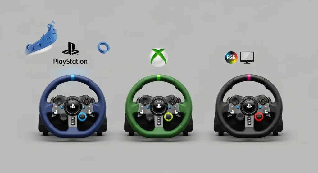 A graphic illustrating racing wheel compatibility, showing separate wheels for PlayStation and Xbox consoles, and a PC setup, highlighting they are not cross-compatible.