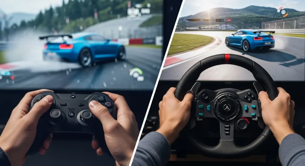 A split-screen comparison showing a gamer using a standard controller versus another gamer using a full racing wheel setup with force feedback.