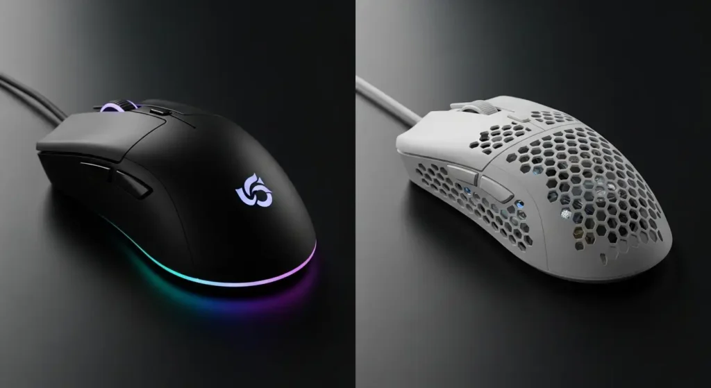 A side-by-side comparison of a heavy, solid gaming mouse and an ultralight gaming mouse with a honeycomb shell, highlighting the difference in design and weight.	