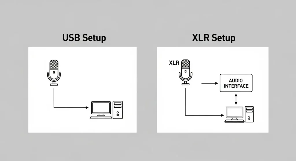 An infographic diagram showing the simple setup of a USB microphone connecting directly to a PC, versus the more complex XLR microphone setup which requires an audio interface.