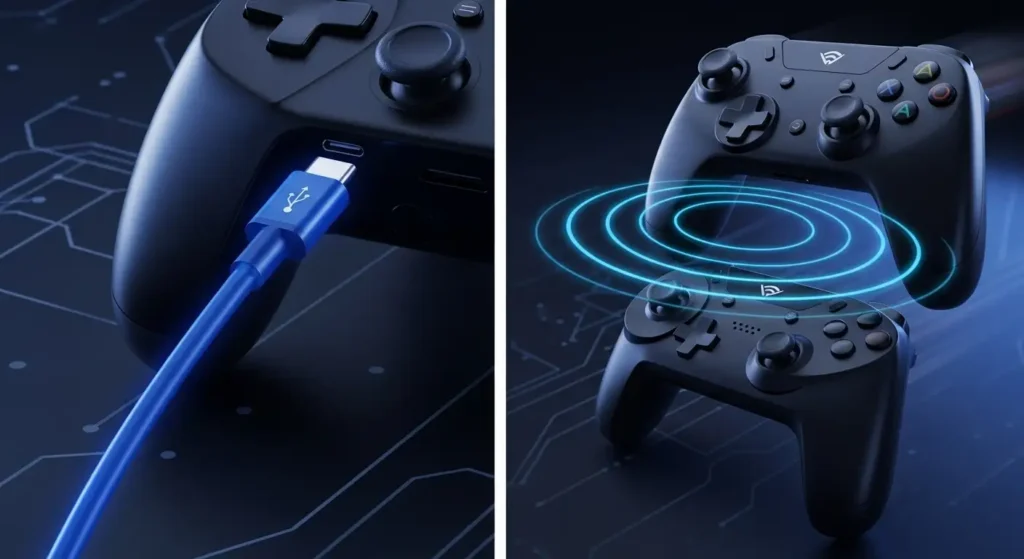 A split-screen image comparing a wired gaming controller with a glowing USB cable to a wireless controller emitting signal waves, representing latency differences.