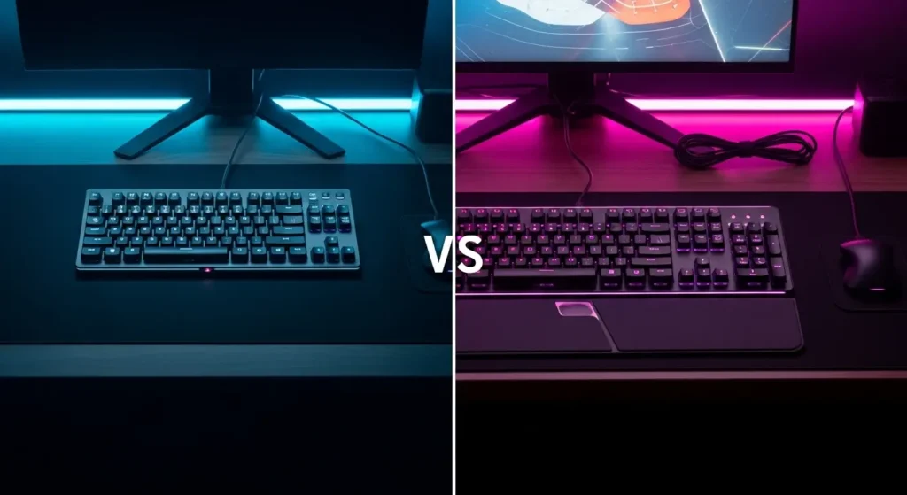 A split-screen comparison showing a clean desk setup with a wireless gaming keyboard on one side, and a setup with a wired gaming keyboard on the other.