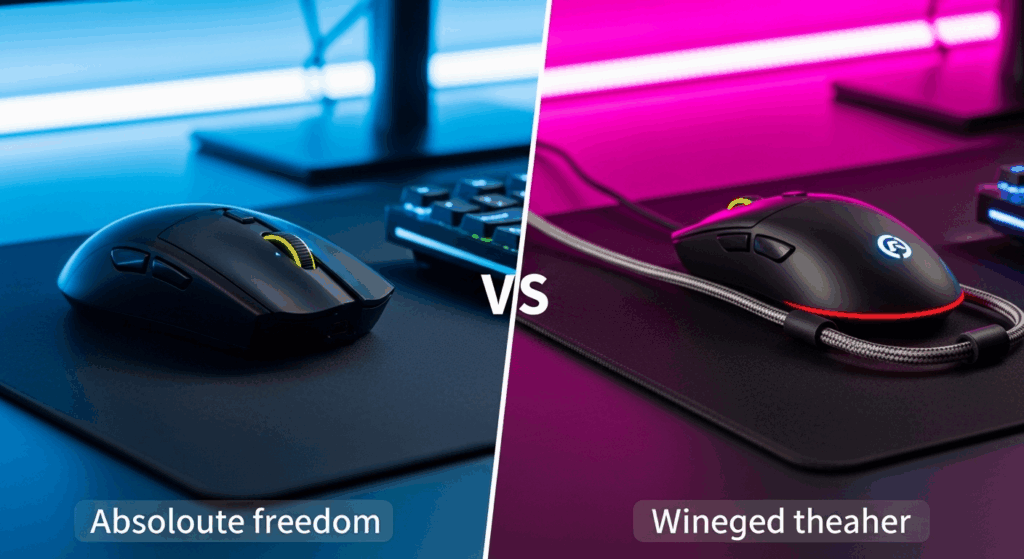 A split image showing a clean desk with a wireless gaming mouse for freedom of movement, contrasted with a desk with a wired gaming mouse and its cable.	